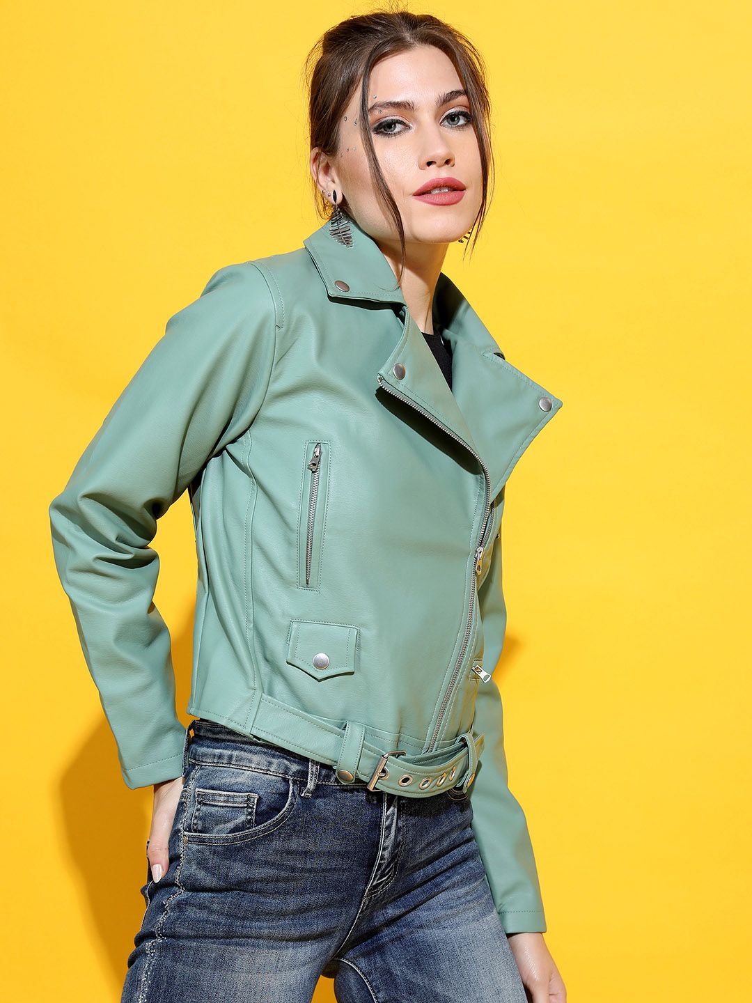 Tokyo Talkies Women Olive Green Crop Biker Jacket