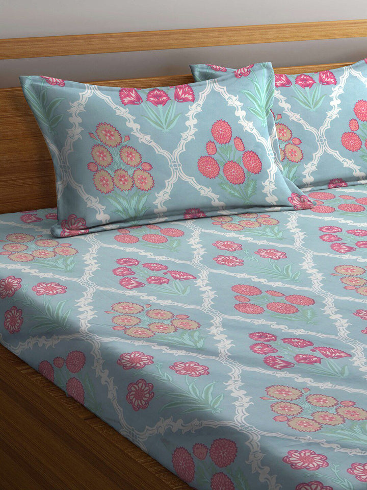 KLOTTHE Unisex Floral Blue 300 TC Fitted Double Bedsheet with 2 Pillow covers
