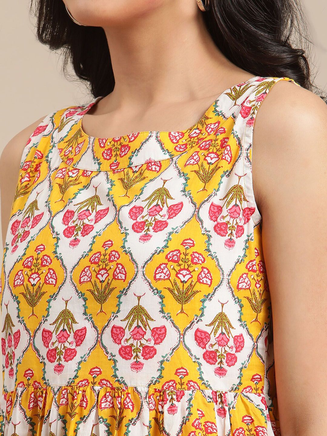 Varanga Women Mustard Yellow Floral Printed Empire Pure Cotton Kurti with Sharara & With Dupatta
