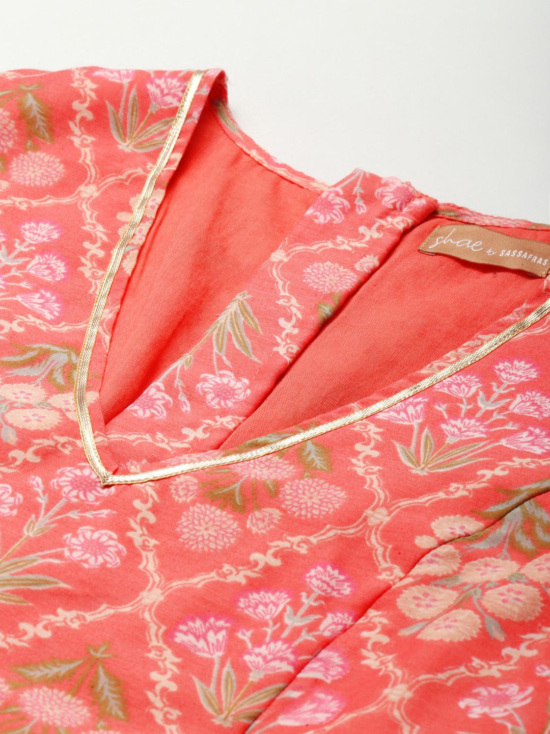 Shae by SASSAFRAS Peach-Coloured & Olive Green Printed Fusion Lehenga Choli