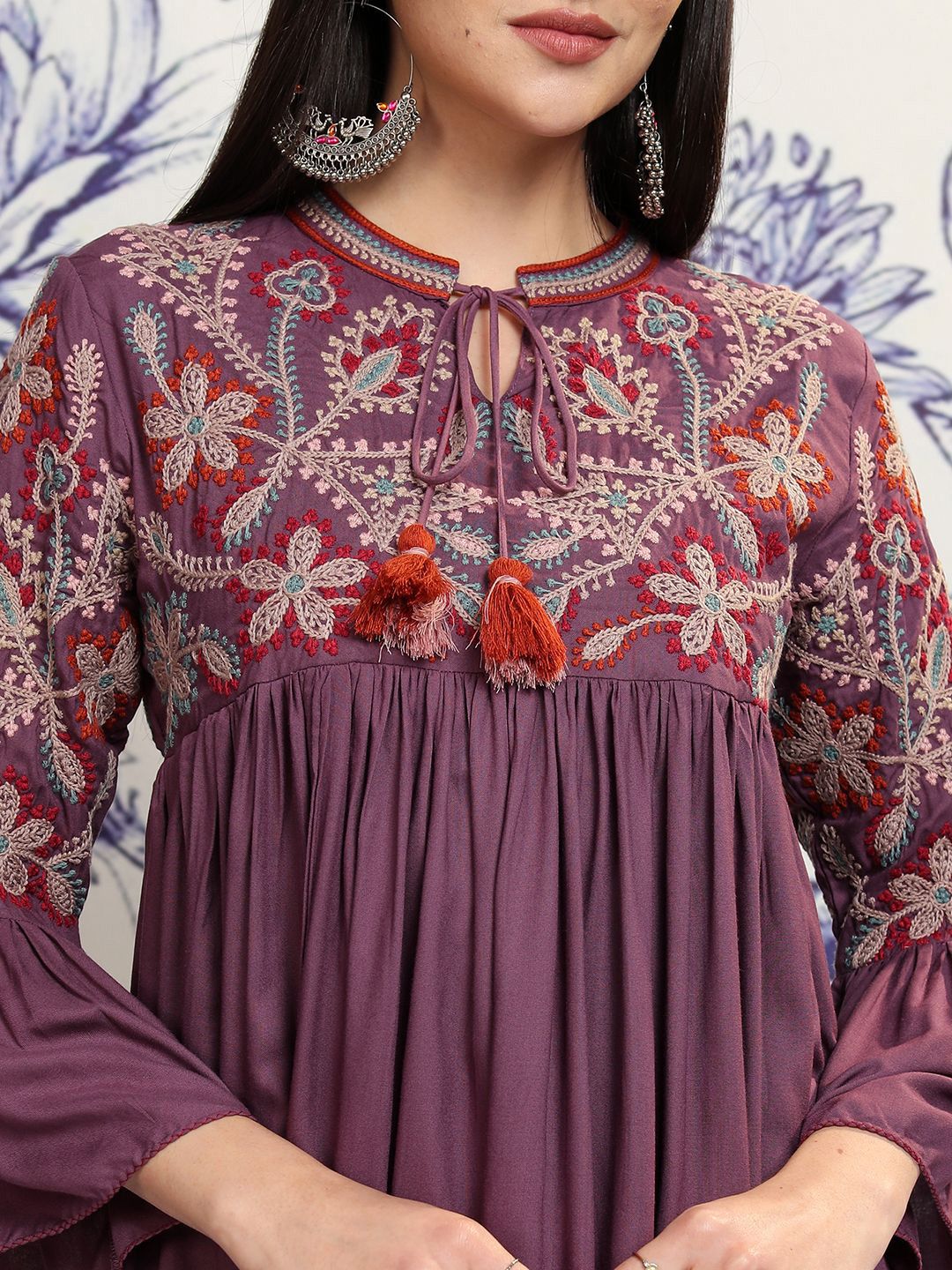 Vishudh Women Embroidered Tie-Up Neck Flared Sleeves Gathered Empire Midi Ethnic Dress