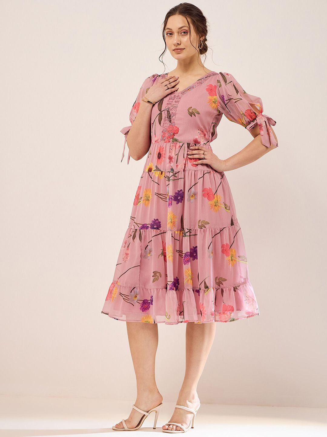 Antheaa Floral Printed V-Neck Puff Sleeves Beads Detail Chiffon Fit & Flare Dress