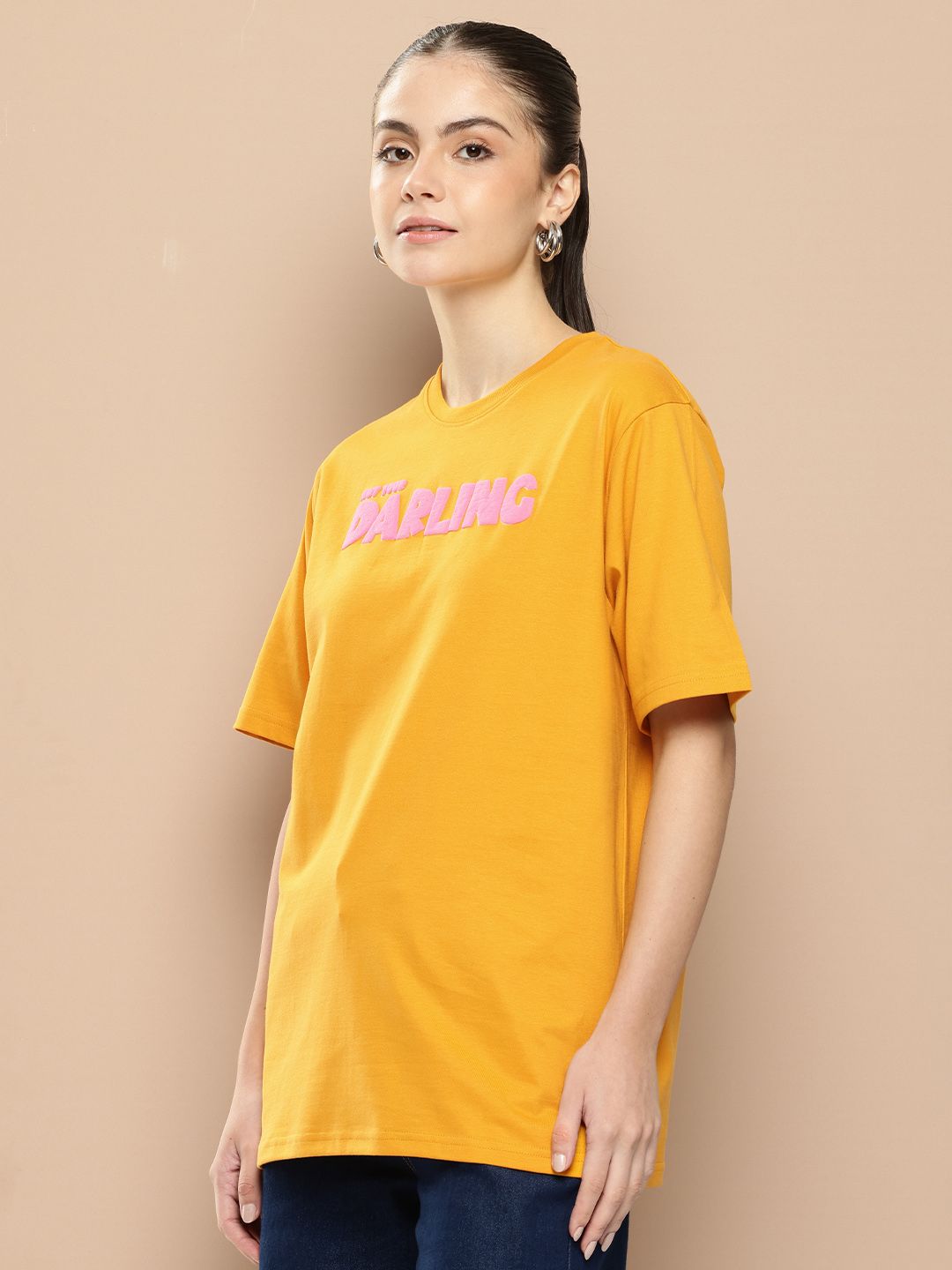 Difference of Opinion Women Typography Printed Embossed Oversized T-shirt