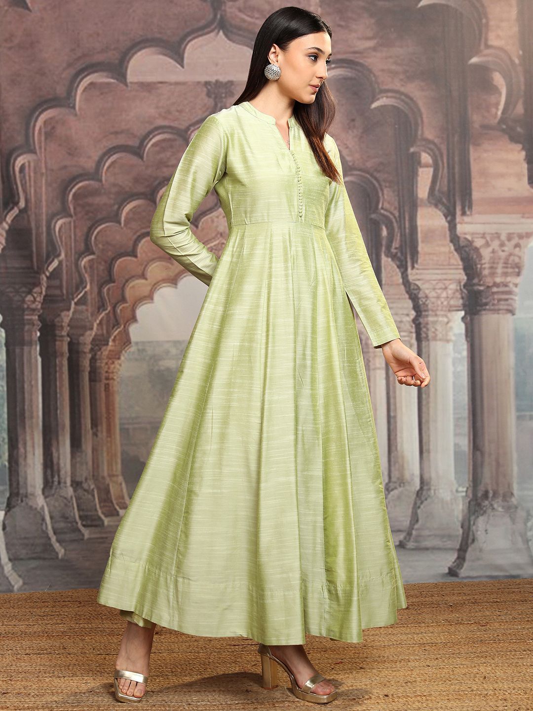 Vishudh Lime Green Mandarin Collar Gathered Or Pleated Cotton Maxi Dress With Dupatta