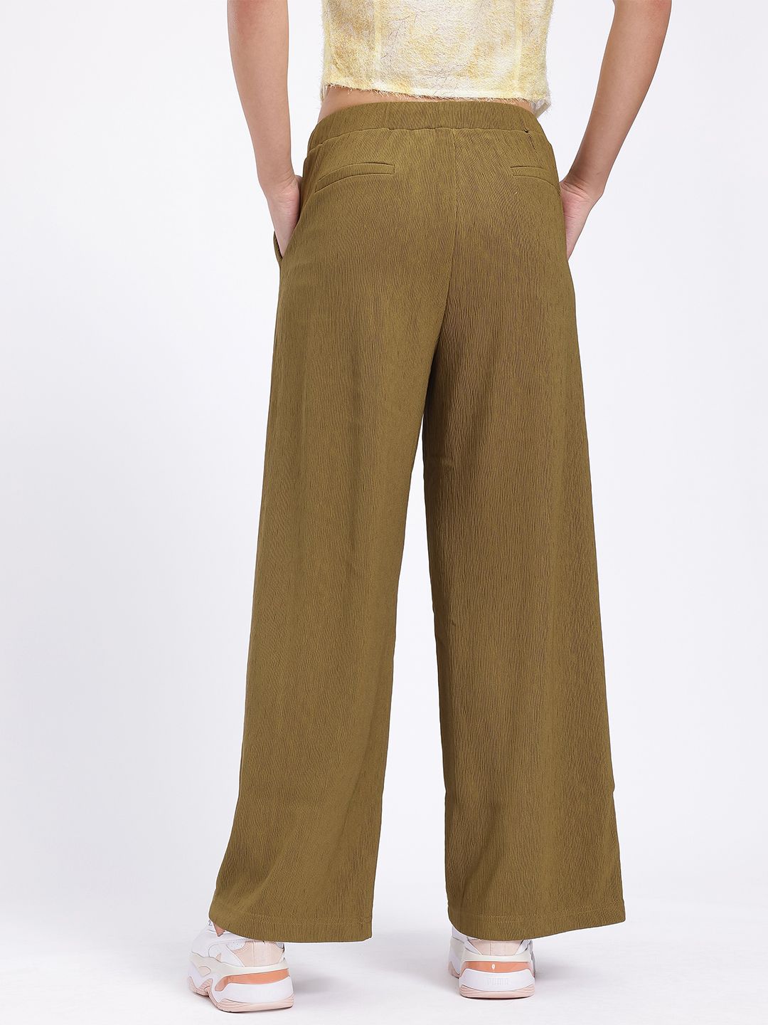DressBerry Women Wrinkled Stripes Mid-Rise Flared Fit Wide Leg Trousers