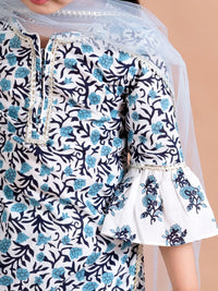 pspeaches Girls Blue Printed Pleated Pure Cotton Kurta with Sharara & Dupatta
