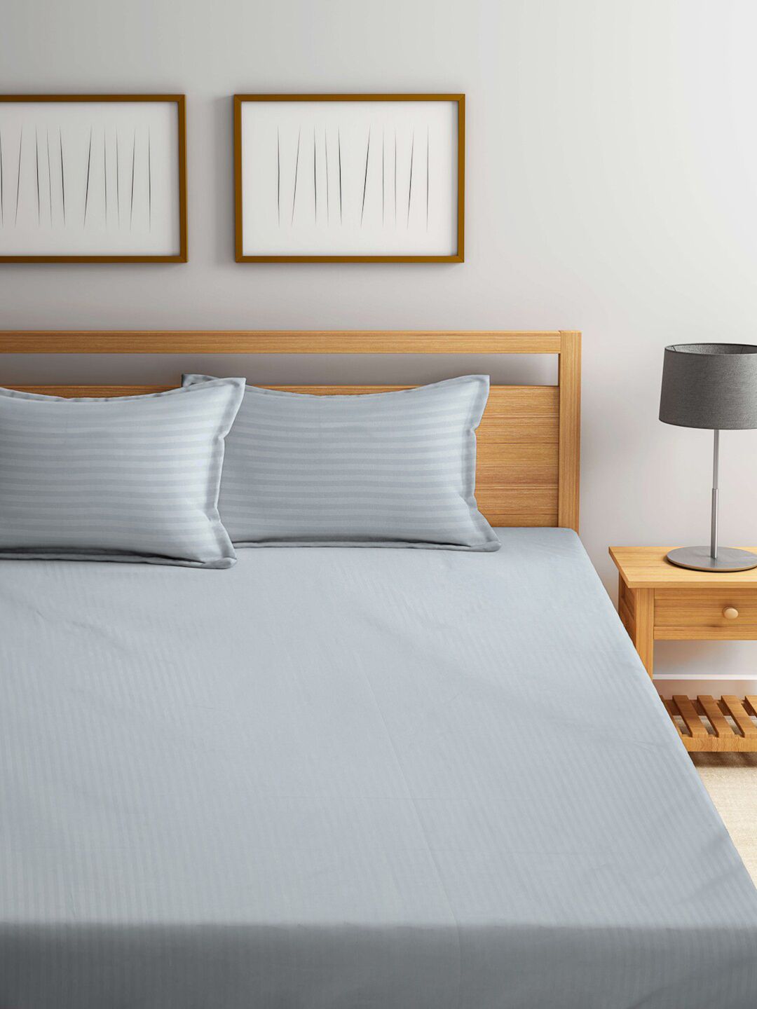 KLOTTHE Striped 300 TC Fitted Super King Double Bedsheet with 2 Pillow Covers