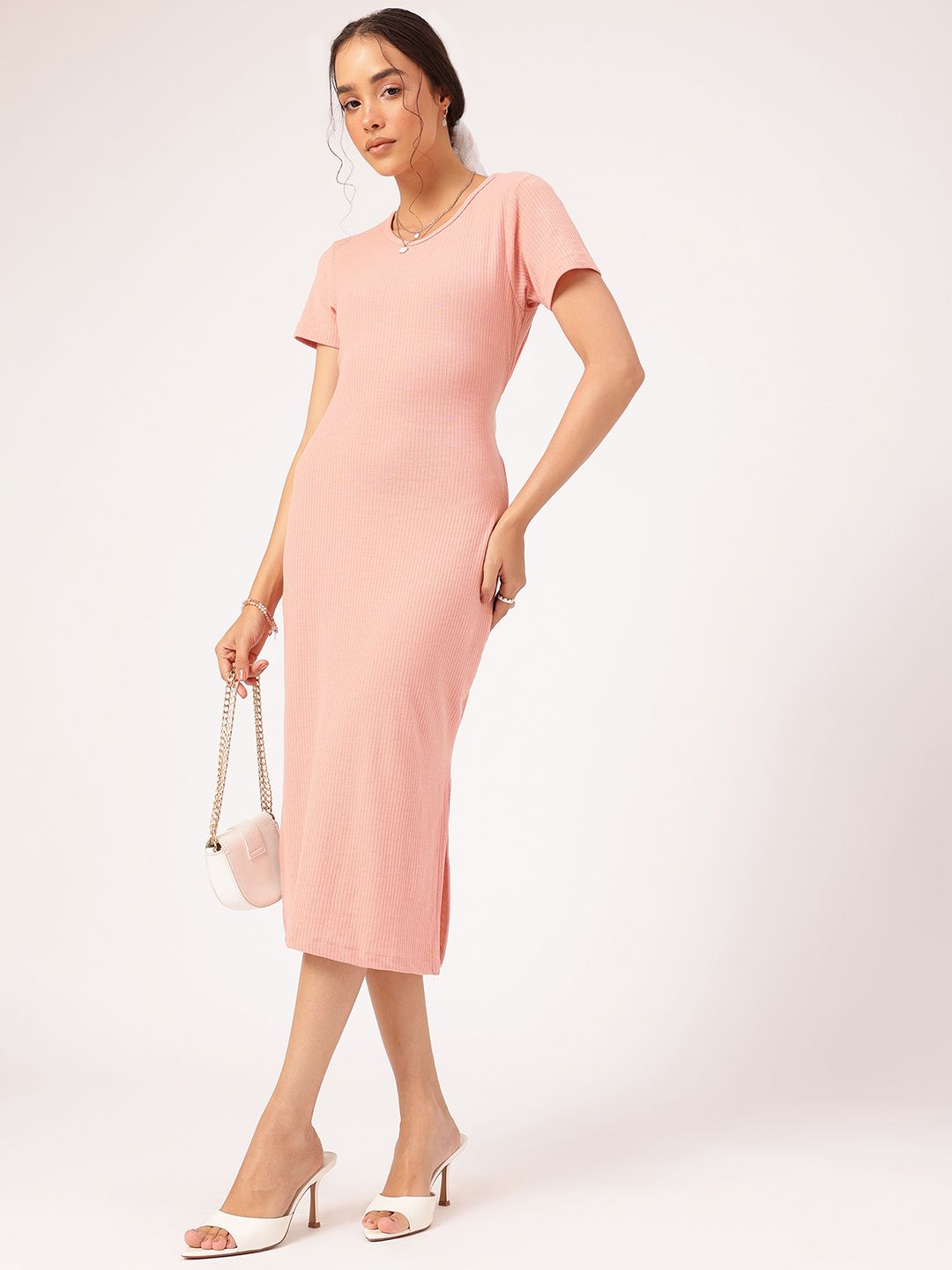 DressBerry Basic Bee Ribbed Tie-Up Waist Midi Dress with Slit