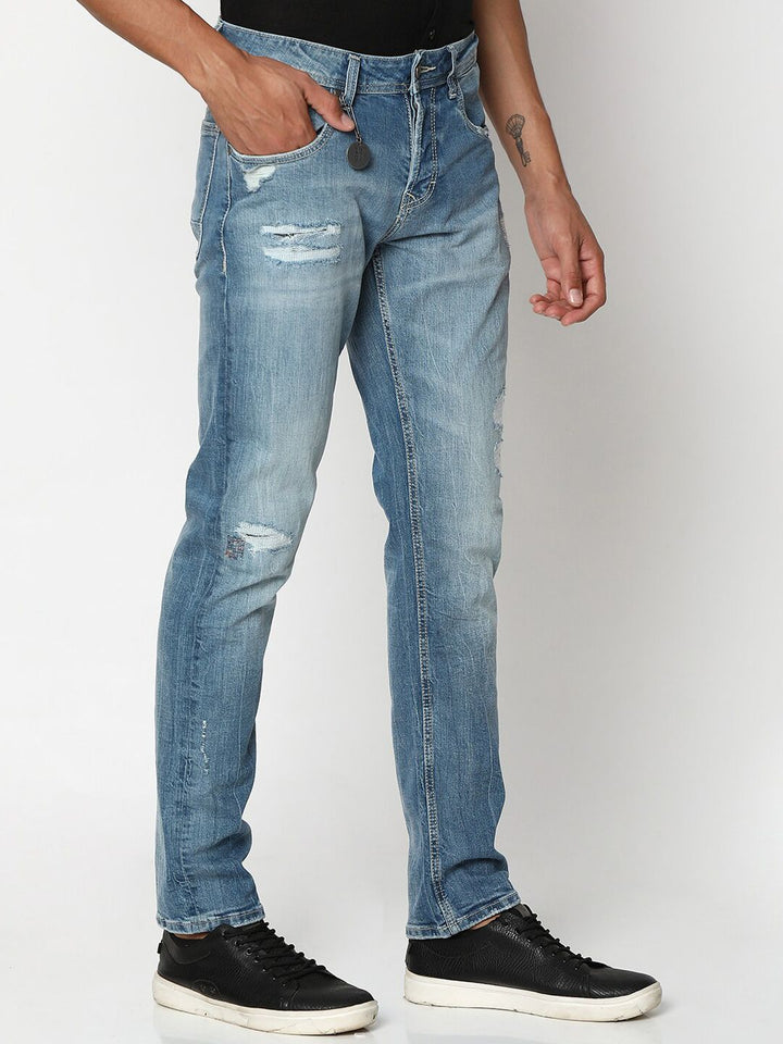 SPYKAR Men Slim Fit Low-Rise Mildly Distressed Heavy Fade Stretchable Jeans