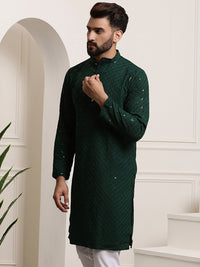 SOJANYA Men Green Geometric Thread Work Kurta