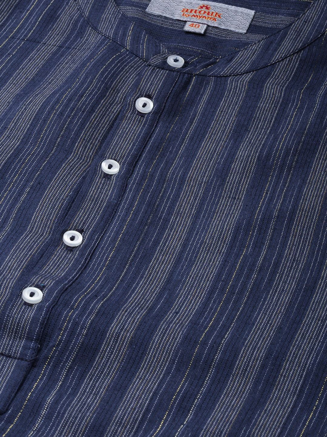 Anouk Men Navy Blue & Gold-Toned Striped Mandarin-Collar Indigo Kurta