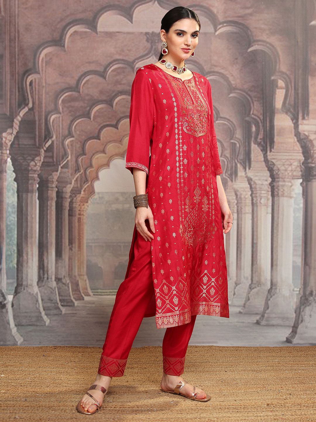 Vishudh Pink Ethnic Motifs Printed Sequinned Straight Kurta With Trousers & Dupatta