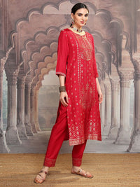 Vishudh Pink Ethnic Motifs Printed Sequinned Straight Kurta With Trousers & Dupatta
