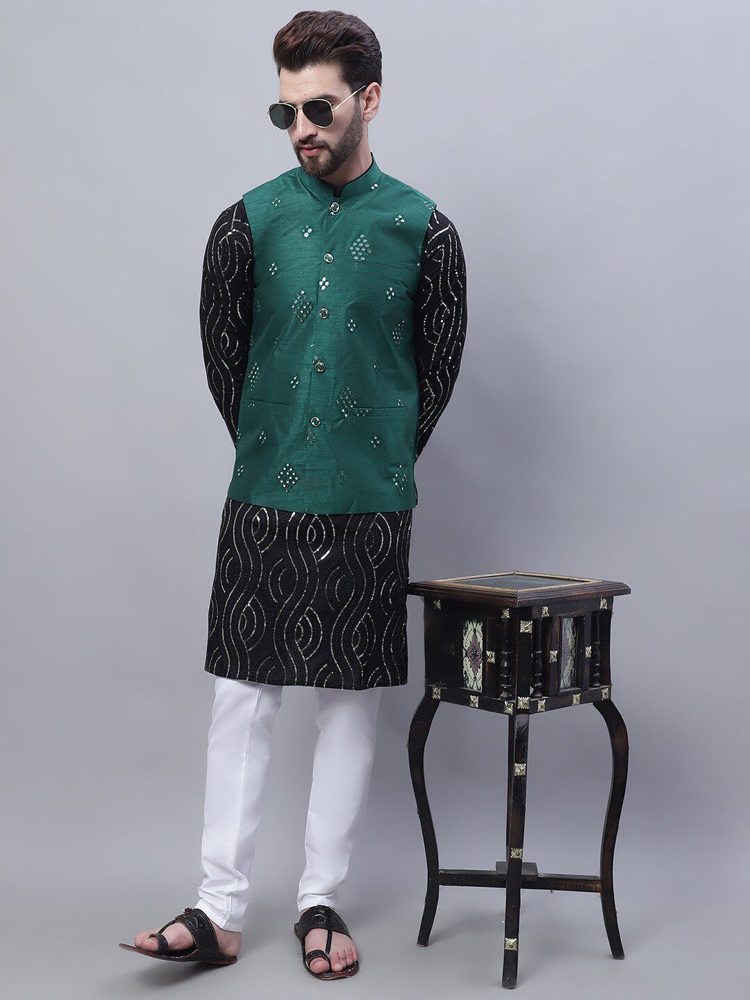 SOJANYA Embroidered Mirror Work Pure Cotton Kurta With Churidar With Nehru Jacket