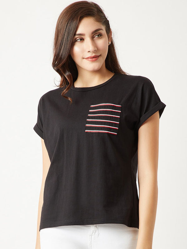 Miss Chase Women Black Solid Round Neck T-shirt