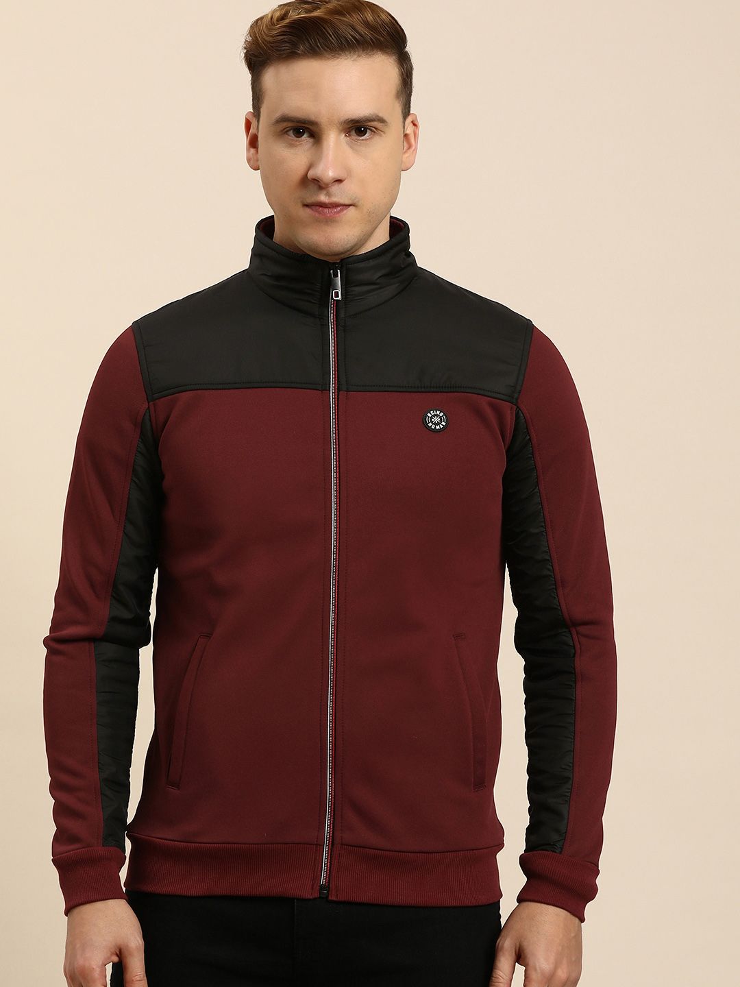 Being Human Men Colourblocked Mock-Collar Front-Open Sweatshirt