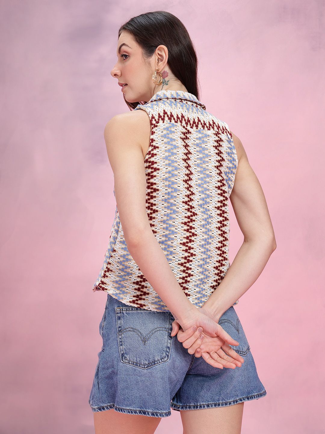 DressBerry Chevron Self-Design Cuban Collar Crochet Semi-Sheer Casual Shirt