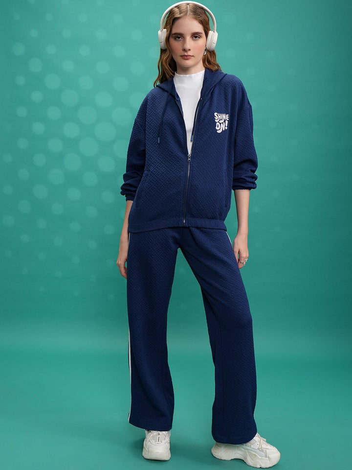 Tokyo Talkies Navy Blue Hooded Sweatshirt With Trousers Co-Ords