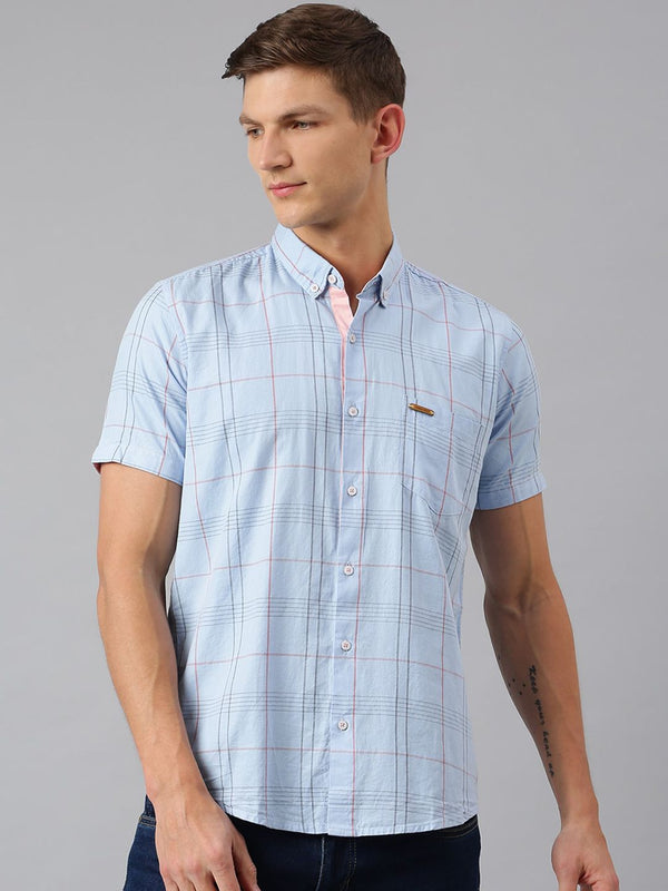 Thomas Scott Men New Millennium Fit Blue Slim Fit Checked Pure Cotton Casual  Shirt