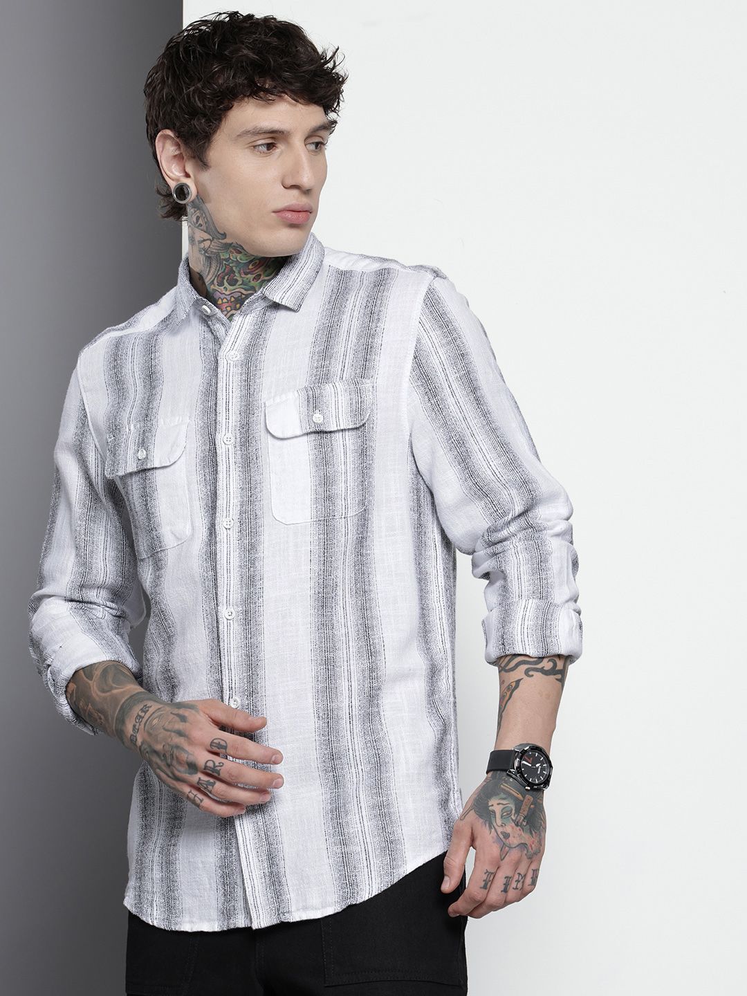 The Indian Garage Co Men Slim Fit Striped Double Flap Casual Shirt