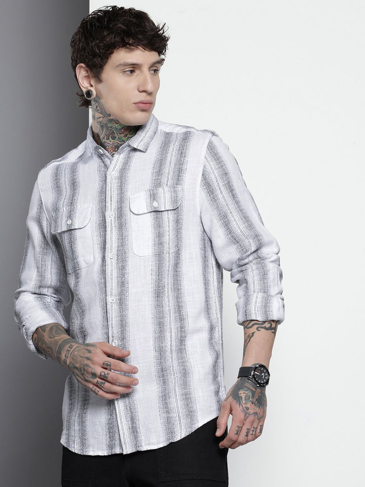 The Indian Garage Co Men Slim Fit Striped Double Flap Casual Shirt