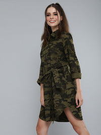 SASSAFRAS Olive Green Camouflage Printed Shirt Dress With Waist Tie-Up Detail