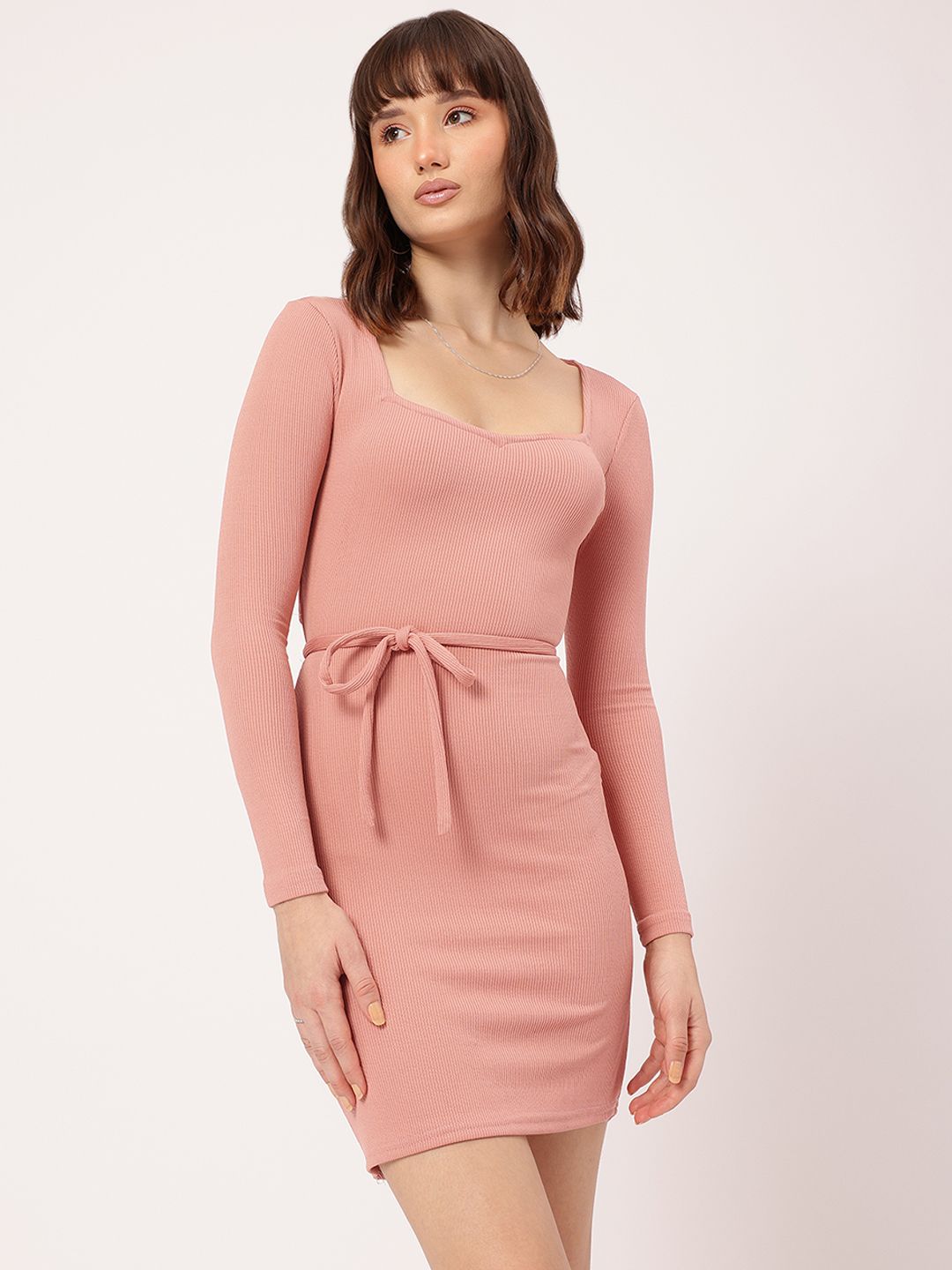 DressBerry Edgy Elegance Ribbed Sweetheart Neck Cut-Out & Tie-Up Detail Bodycon Dress