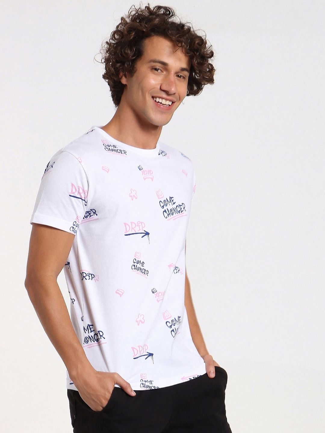 Bewakoof Men White & Navy Blue Printed T-shirt