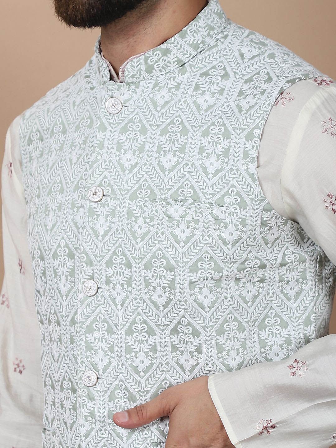 Anouk Cream-Coloured Floral Embroidered Cotton Silk Kurta with Churidar & Nehru Jacket