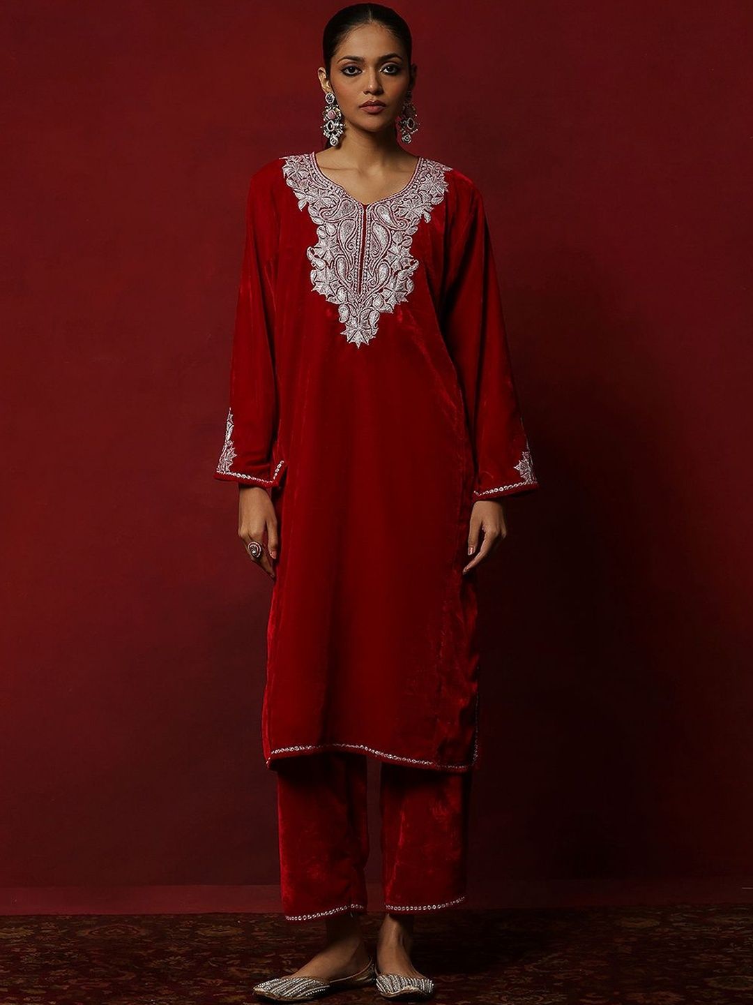 House of Chikankari Women Red Velvet Tilla Embroidered Kurta Set