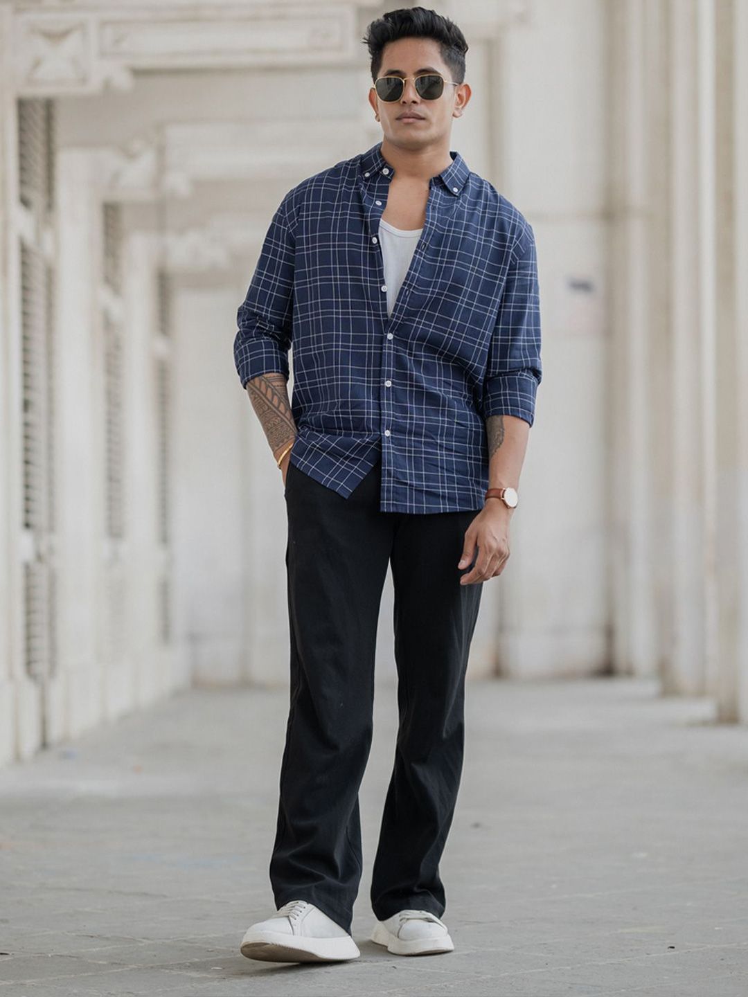 Powerlook Men Button-Down Collar Tartan Checked Cotton Casual Shirt