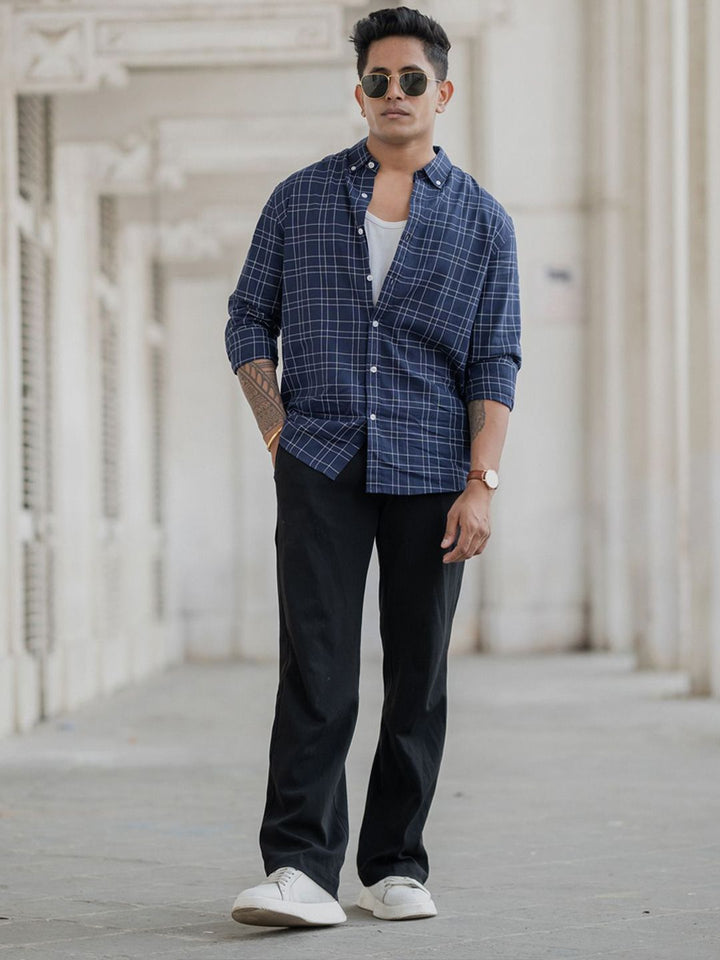 Powerlook Men Button-Down Collar Tartan Checked Cotton Casual Shirt