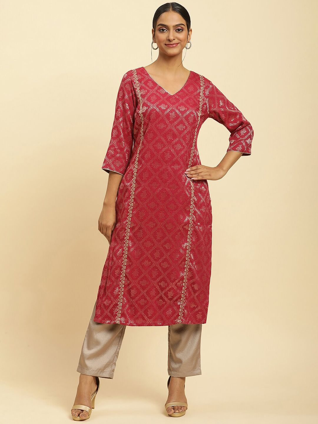 W Ethnic Motifs Woven Design V-Neck Gotta Patti Straight Kurta