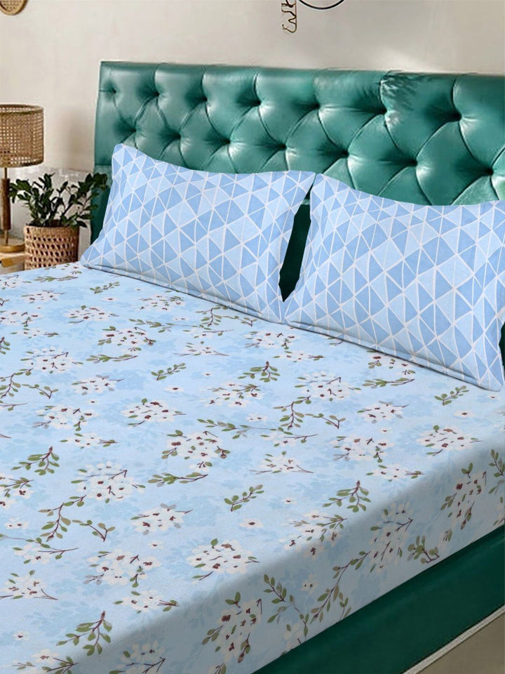 Aura Blue & White Floral 300 TC Fitted Double King Bedsheet Set 2.50 m x 2.25 m