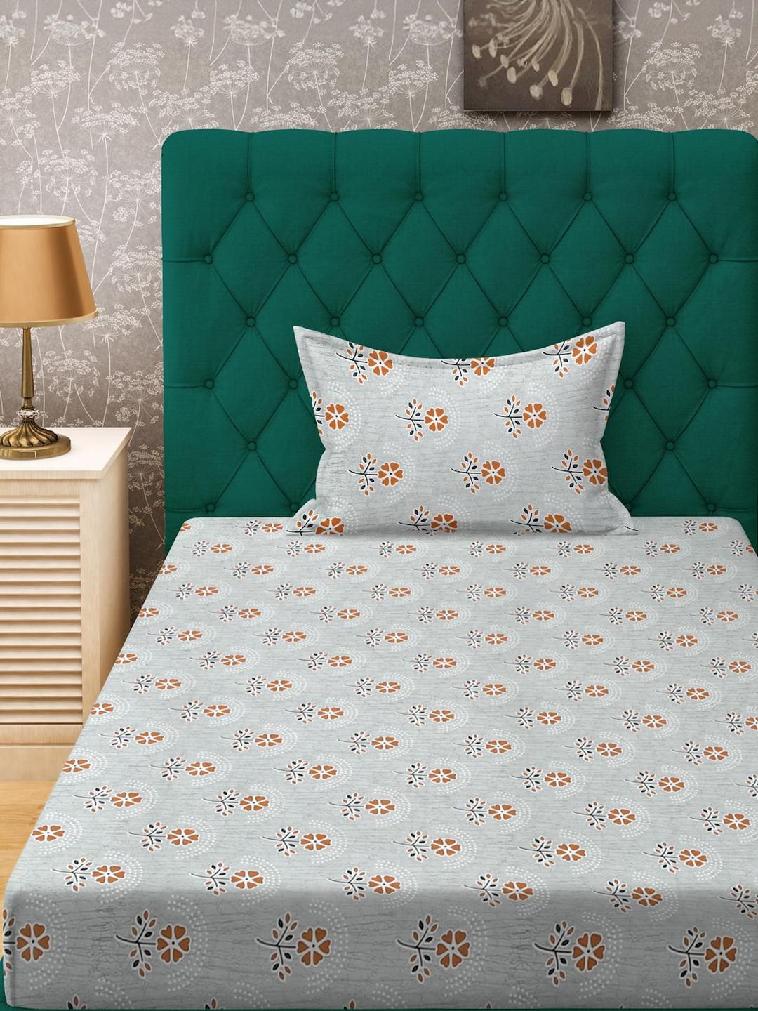 KLOTTHE Grey Floral Cotton Single Bedsheets