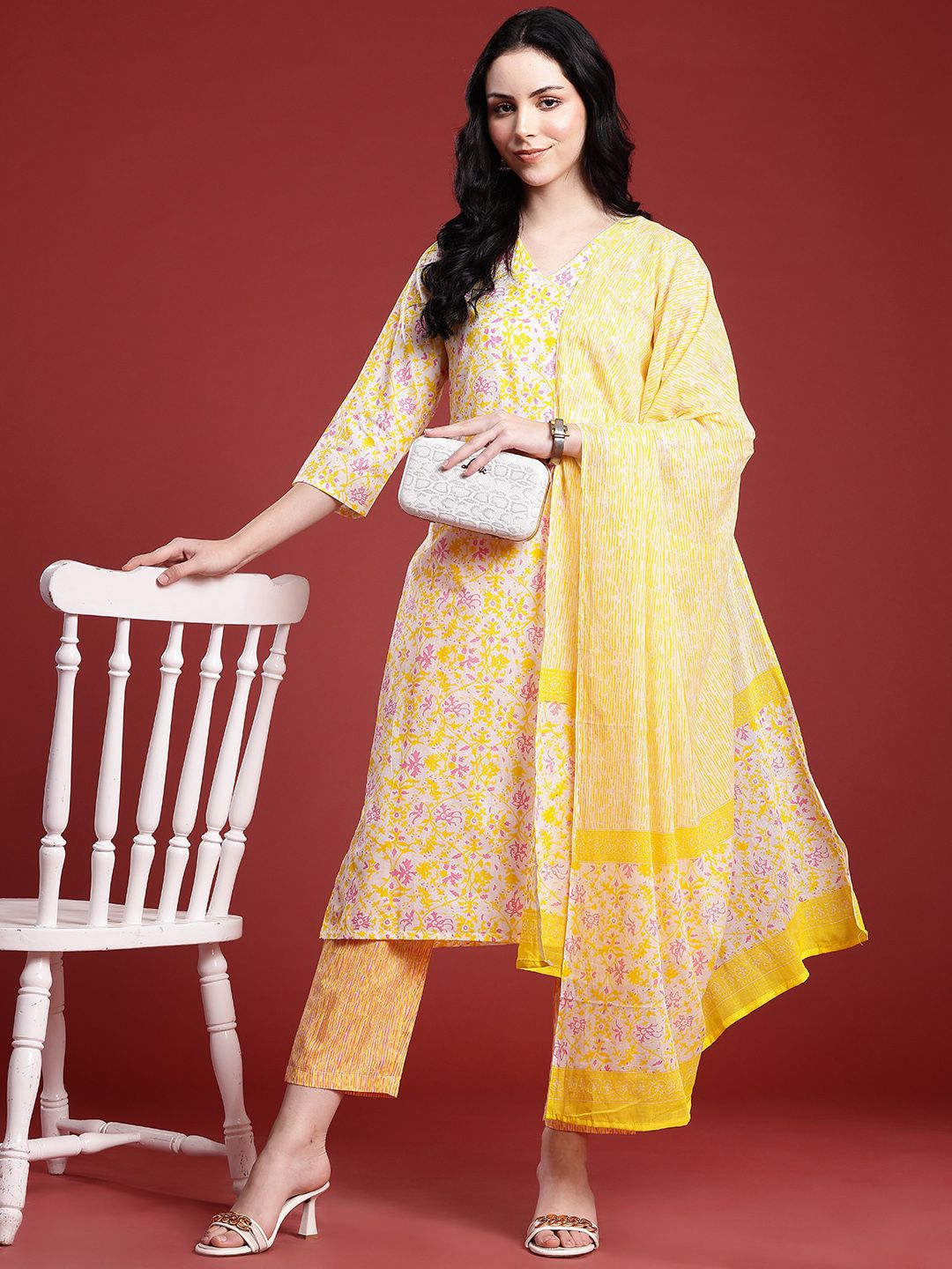 Anouk Floral Printed Pure Cotton Kurta with Trousers & Dupatta