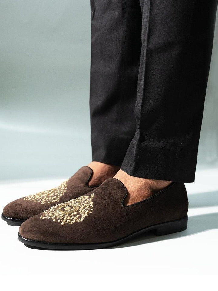 MONKSTORY Maharaja Zardosi Embroidered Slip-Ons - Brown