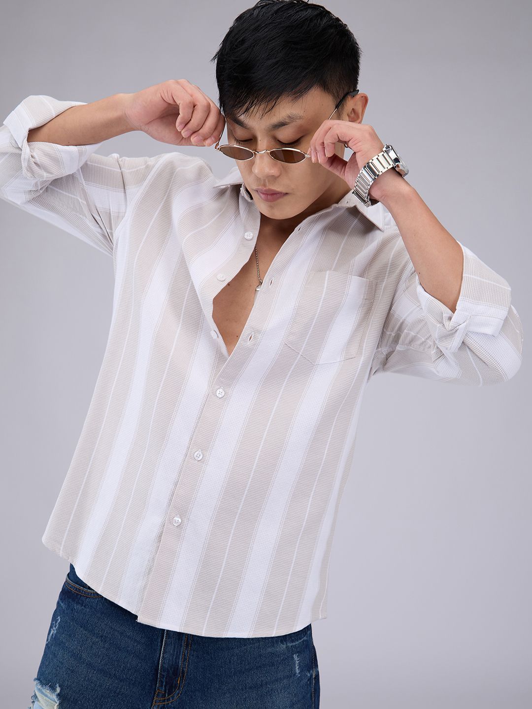 VASTRADO Men Classic Cutaway Collar Vertical Striped Cotton Slim Fit Casual Shirt
