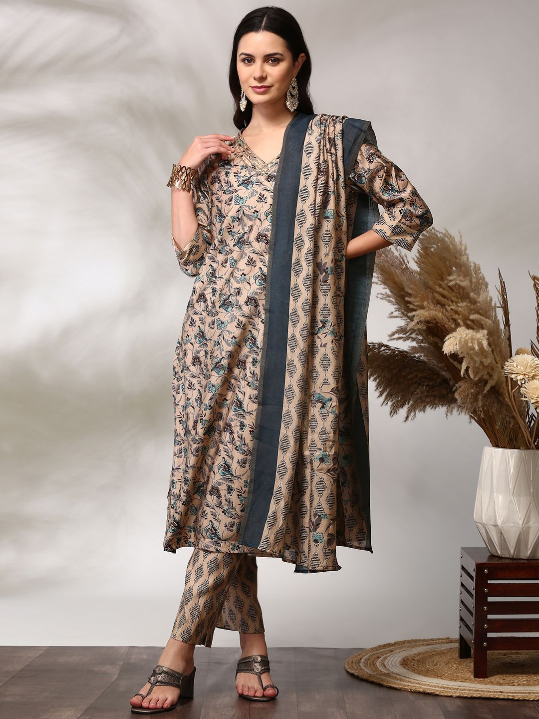 Anouk Floral Printed Regular Straight Kurta with Trousers & Dupatta