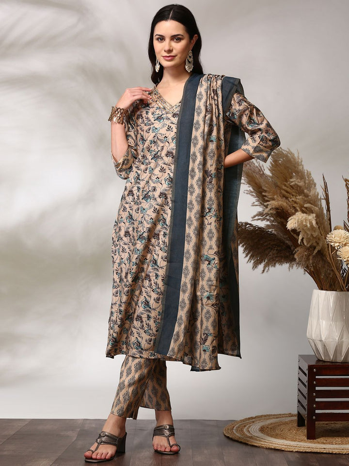 Anouk Floral Printed Regular Straight Kurta with Trousers & Dupatta