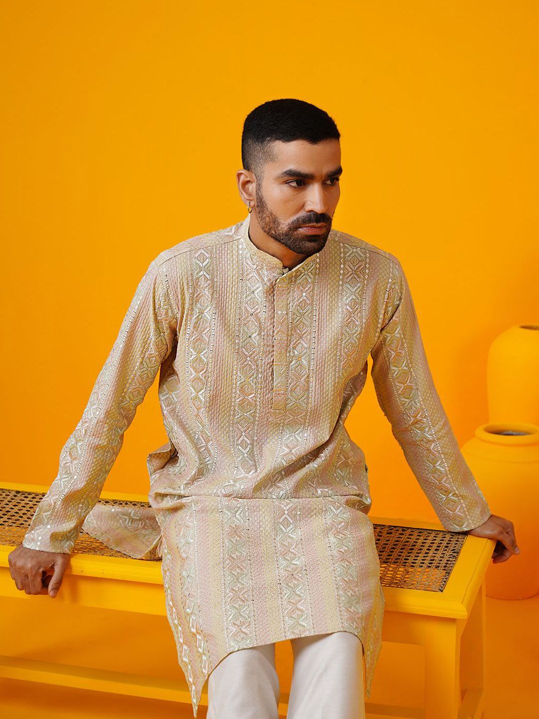 SOJANYA LUXE Ethnic Motifs Embroidered Sequinned Mandarin Collar Straight Kurta