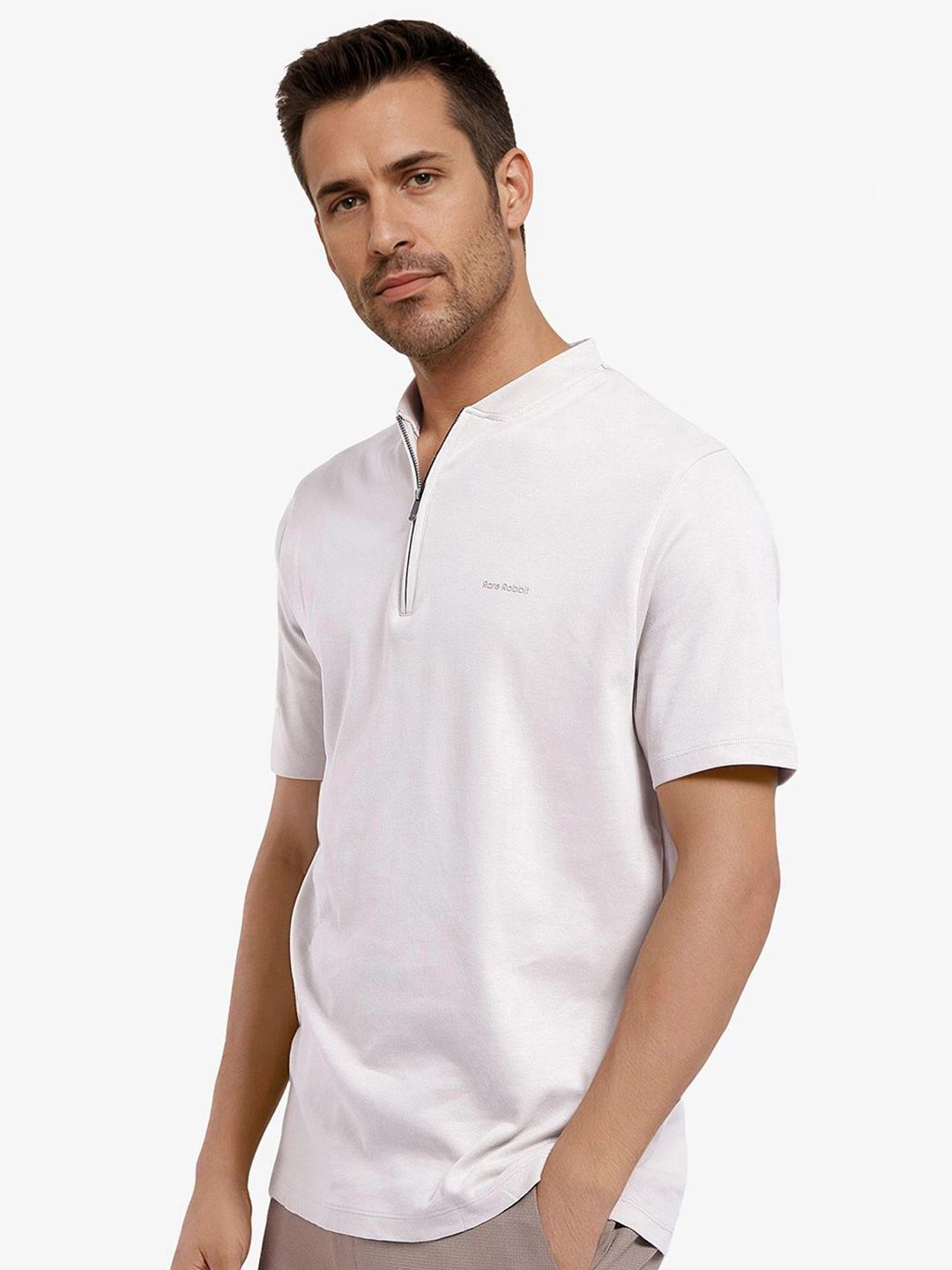 RARE RABBIT Men Solid Mandarin Collar Cotton T-shirt