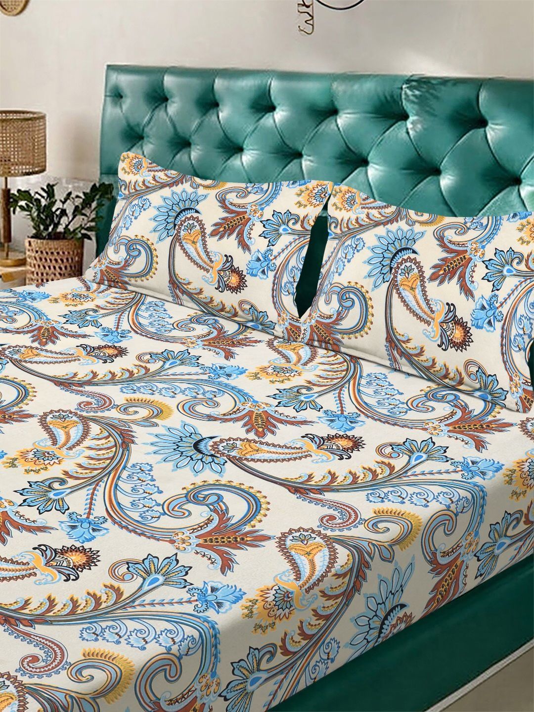 KLOTTHE Kuning & Biru Bercetak Bunga Flat 300 TC Cadar Katil King Double Dengan 2 Sarung Bantal