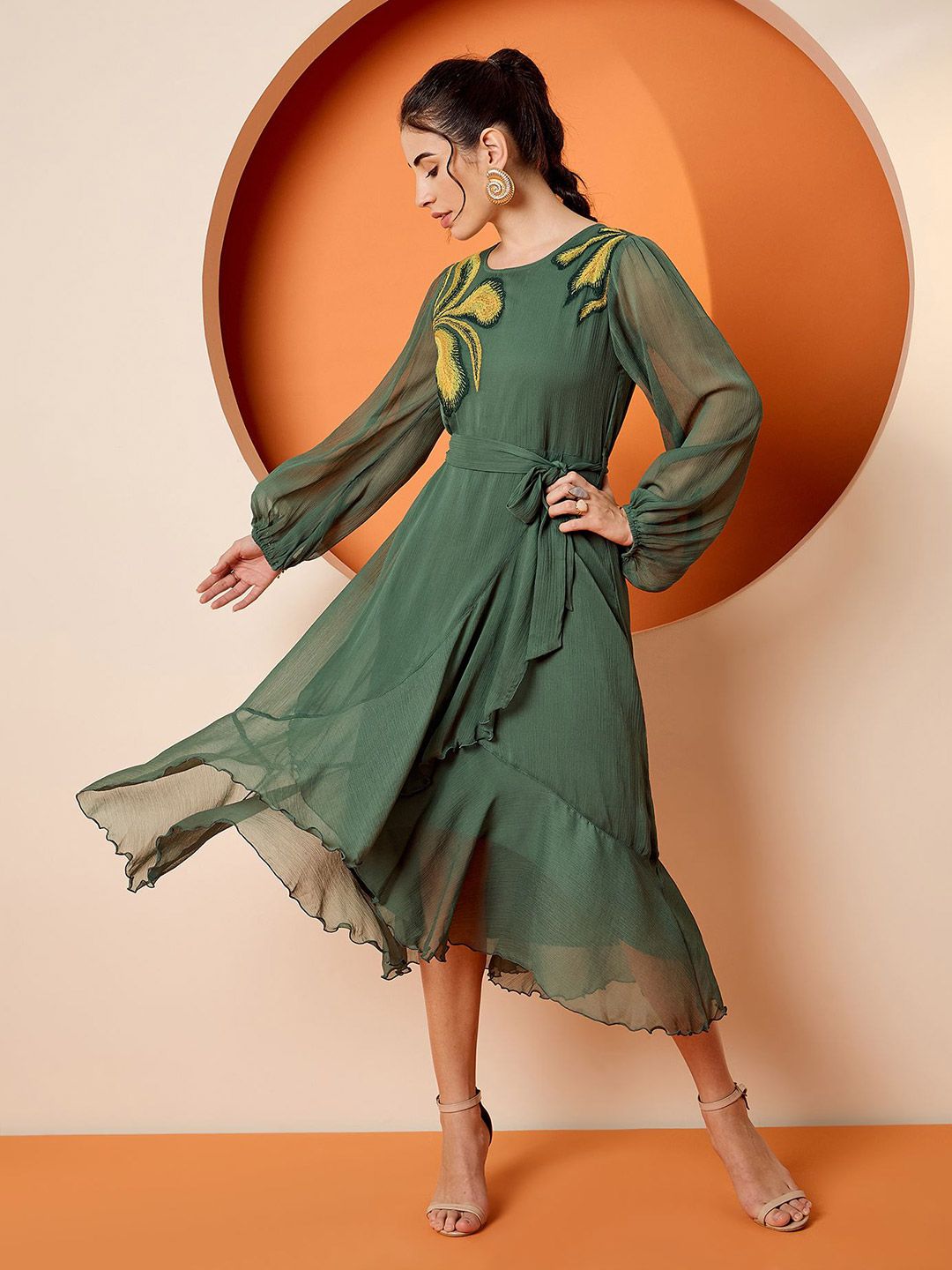 Antheaa Puff Sleeve Chiffon Embroidered A-Line Midi Dress