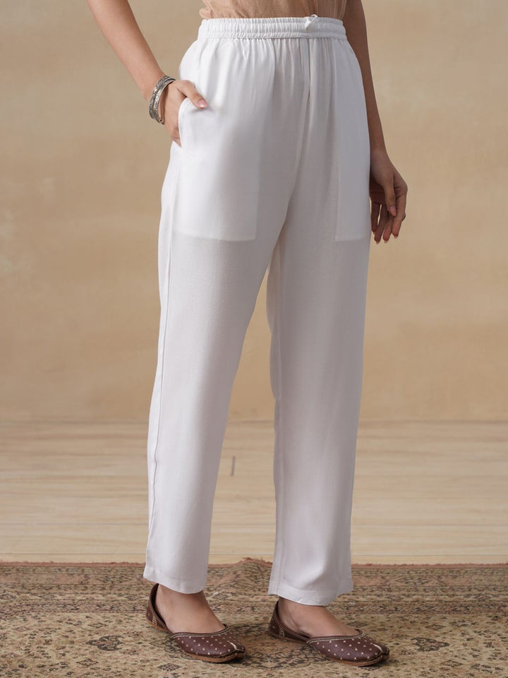 House of Chikankari Women White Rayon Solid Pant