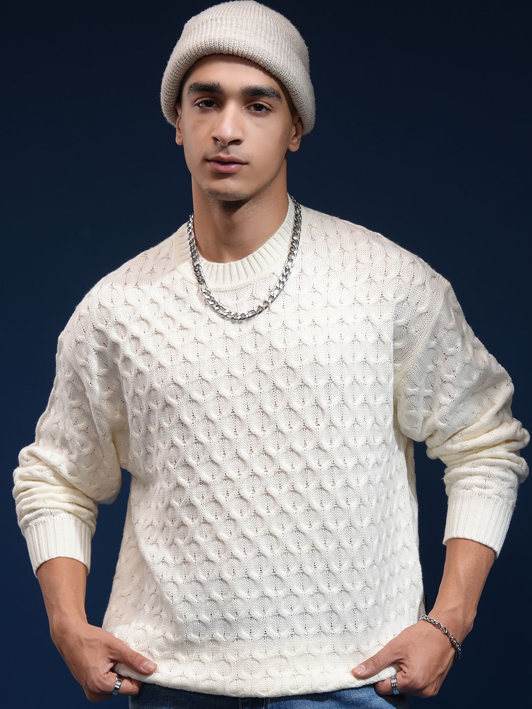 HIGHLANDER Men Self Design Round Neck Drop Shoulder Oversized Sweater