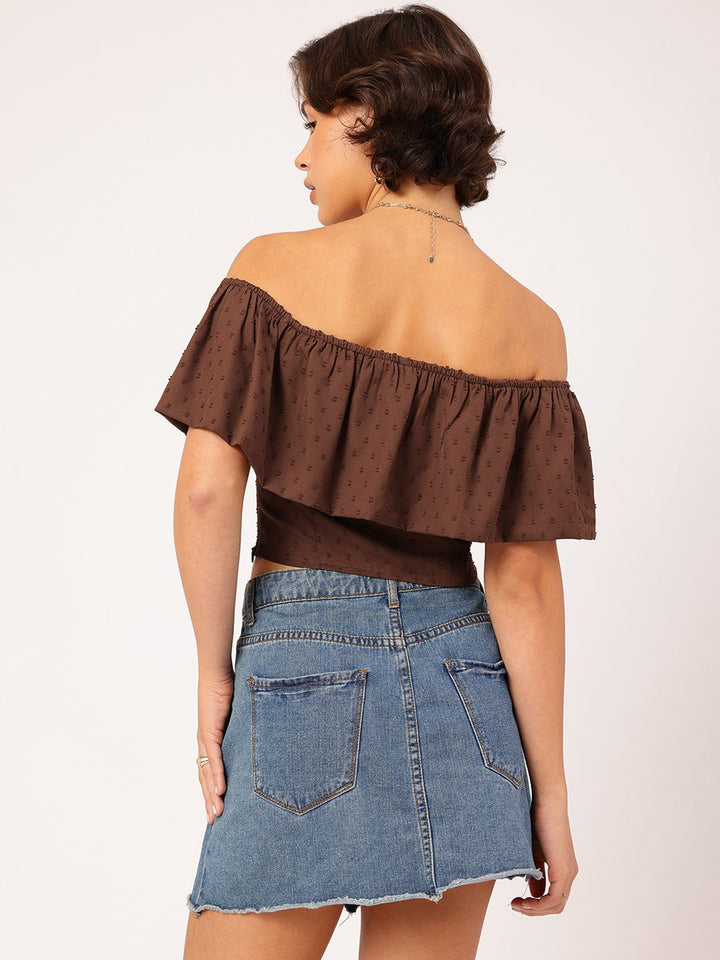 DressBerry Dobby Dreams Ruffled Bardot Crop Top