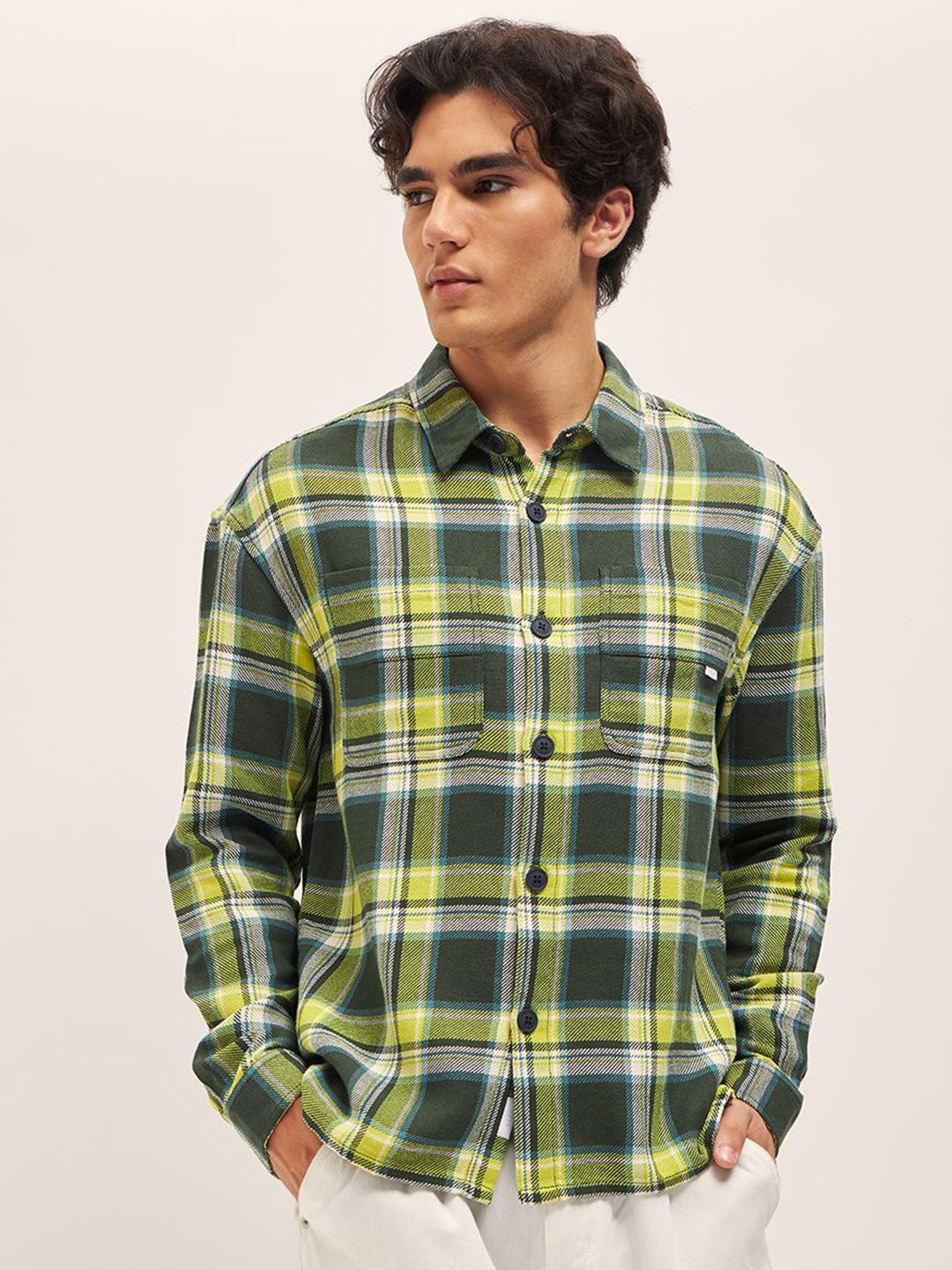 THE BEAR HOUSE Men Spread Collar Tartan Checked Cotton Relaxed Fit Casual Shirt