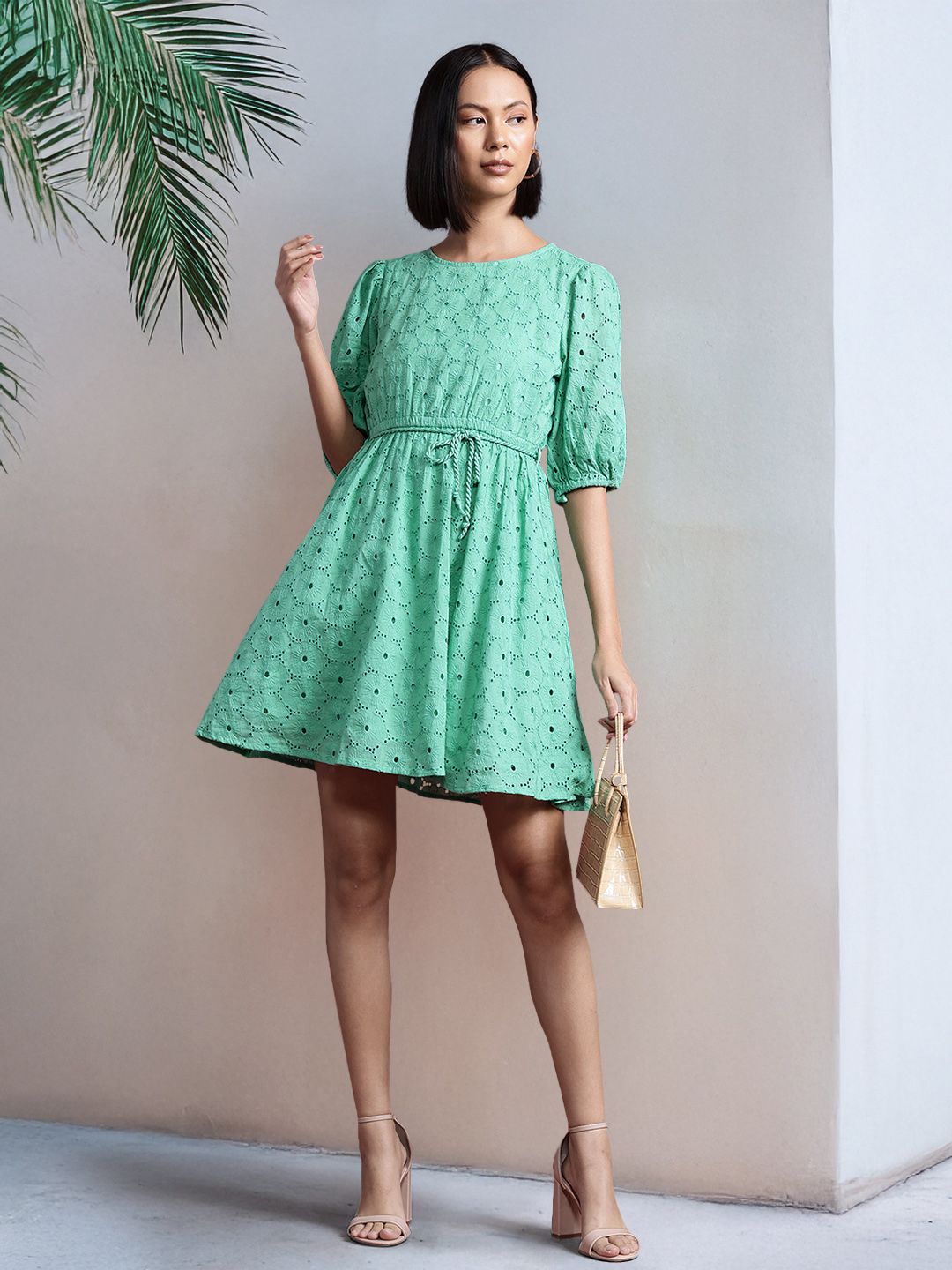 all about you Schiffli Detail Pure Cotton Fit & Flare Mini Dress
