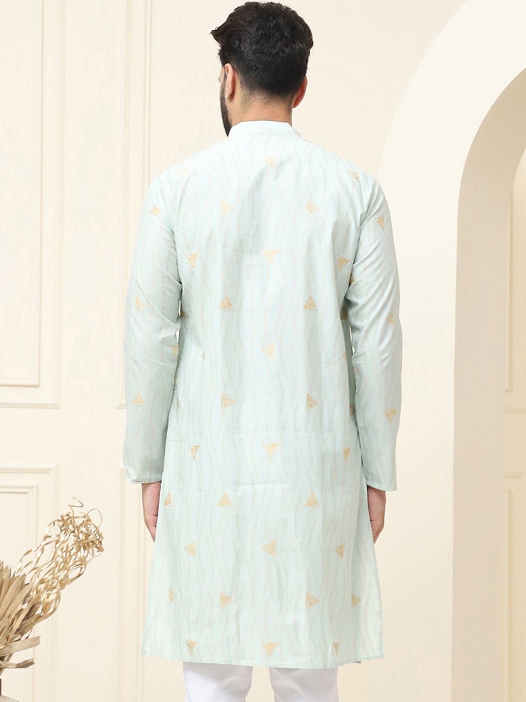 SOJANYA Geometric Woven Design Band Collar Neck Regular Cotton Silk Kurta